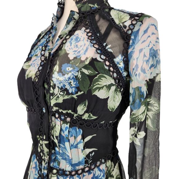 ASOS DESIGN Dark Floral Lace Trim Mini Dress w Cut Out Back Sheer Long Sleeves - Picture 3 of 9